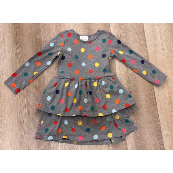 Hanna Andersson Girls Dress 110 Long Sleeve Ruffle Gray Polka Dot Sz 4/5 - Picture 1 of 4